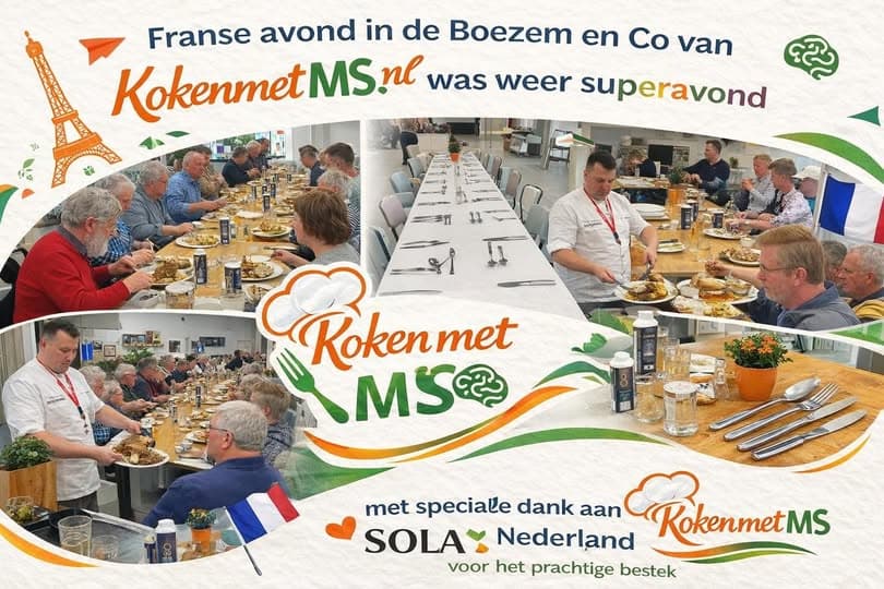Terugblik Franse avond april 2026: collage met gasten aan tafel, chef in actie en dank aan SOLA Nederland.