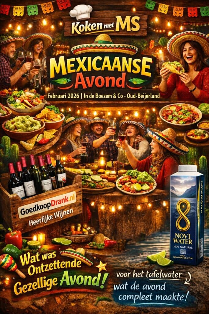 Terugblik Mexicaanse avond februari 2026: feestelijke poster met gerechten, gasten met sombrero’s en sponsoren GoedkoopDrank.nl en Novi Water.