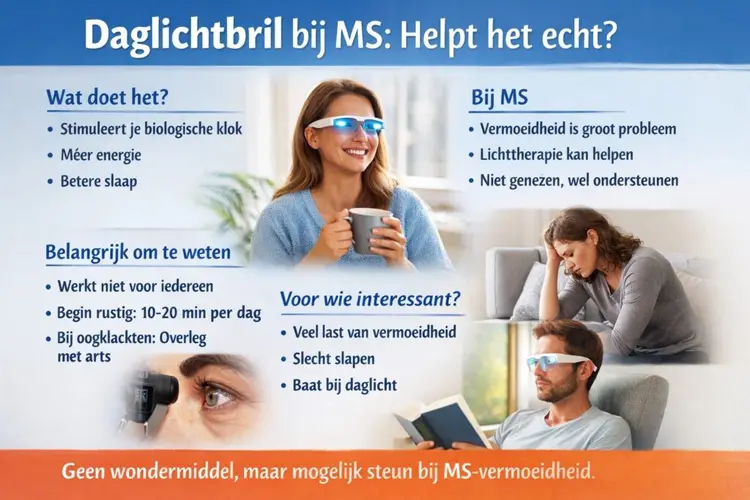 Infographic: daglichtbril bij MS — wat het doet, belangrijke aandachtspunten en voor wie het interessant kan zijn.