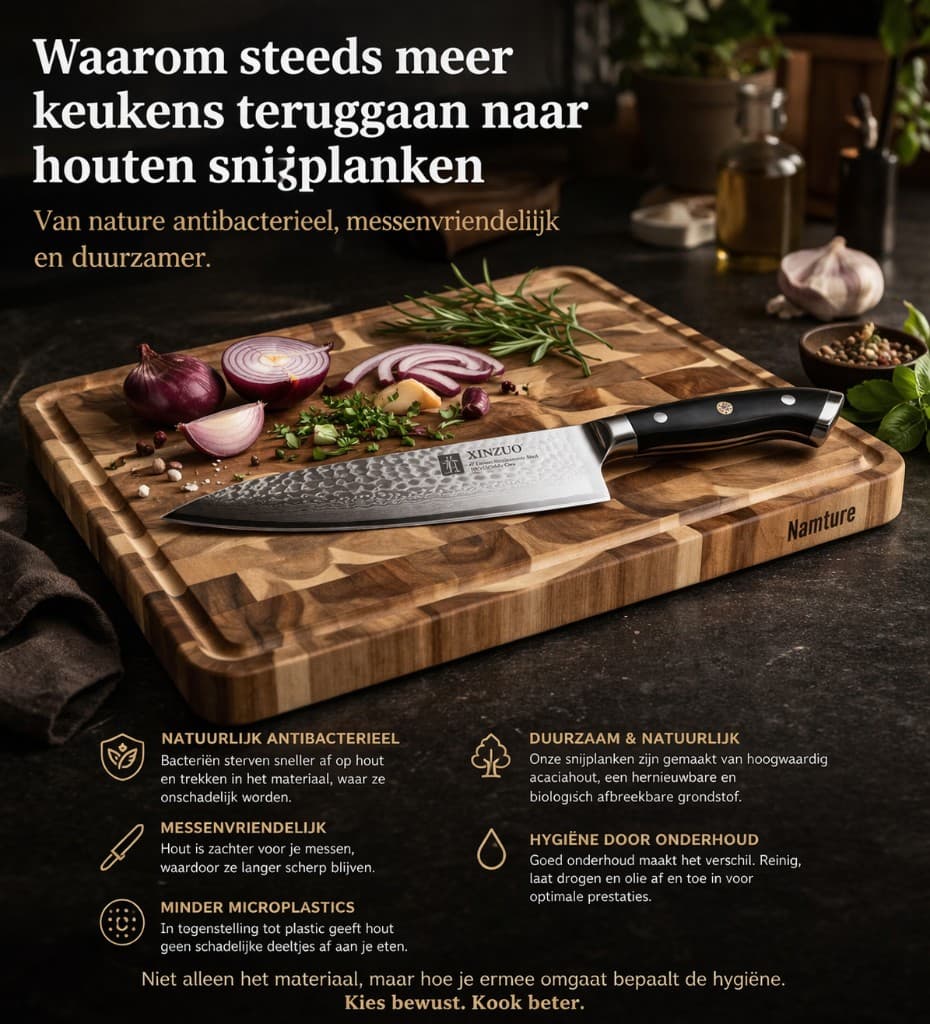 Infographic over de voordelen van houten snijplanken: antibacterieel, messenvriendelijk en duurzaam acaciahout.