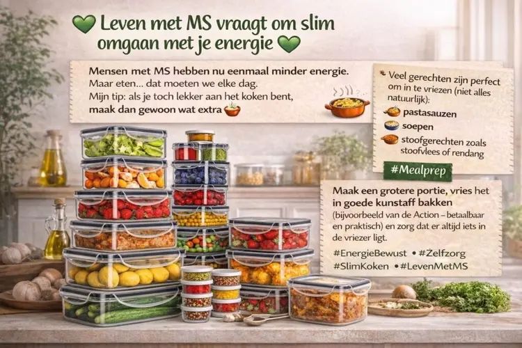 Infographic over slim omgaan met energie bij MS: mealprep, invriezen en bewust koken.