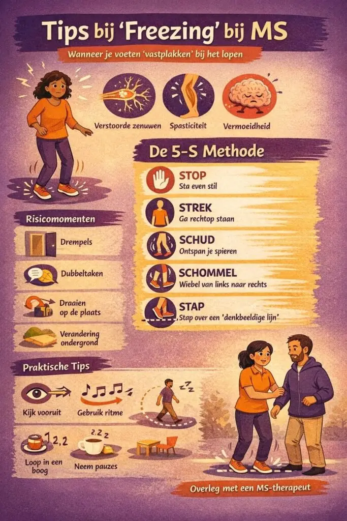 Infographic met tips bij ‘freezing’ bij MS: oorzaken, risicomomenten, de 5-S-methode en praktische tips.